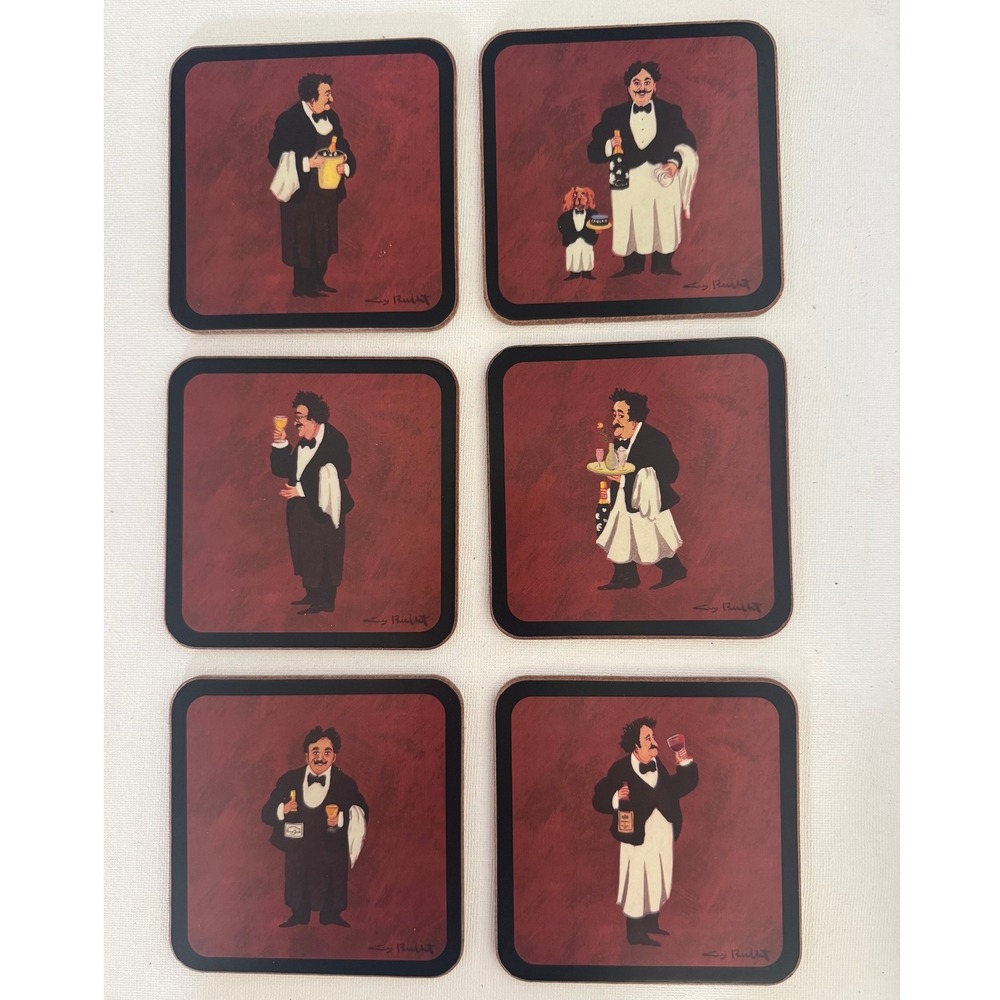 Williams-Sonoma Guy Buffet Les Garcons Coasters Set of 6 Cork Backed Red Waiter